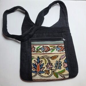 Earth Divas Nepal Fair Trade Hemp Crossbody Bag Floral Embroidered Black Boho